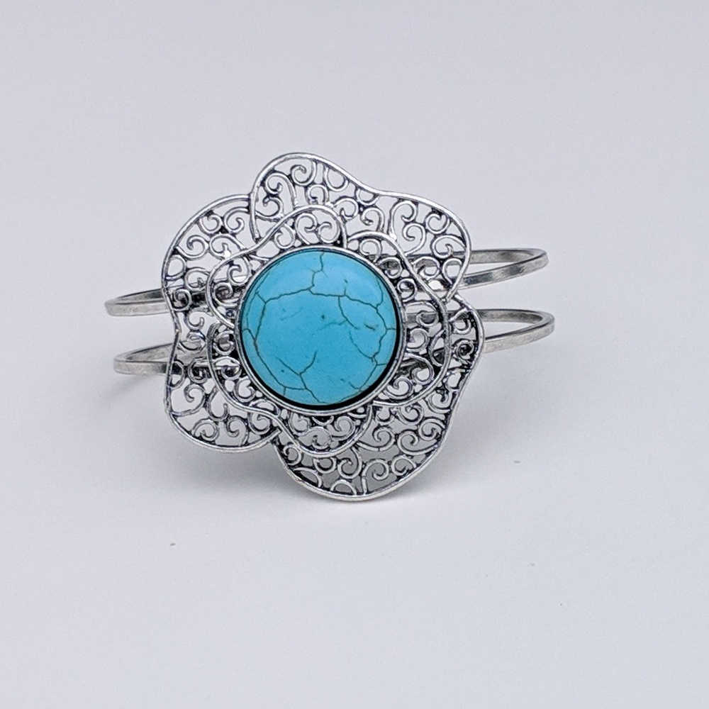 Turquoise center silver petal cuff bracelet